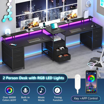98.4" Long Computer Desk with 9 Drawers, 2 Person Gaming Desk with LED Lights & Power Outlet, Two Person Home Office Desk with Storage, Printer Shelf ＆ Monitor Stand, Black