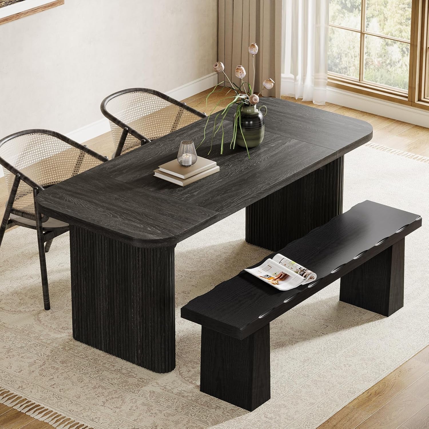 Wooden Dining Bench, 47-Inch Long Kitchen Bench with Sturdy Frame for Dining Room, Entryway, Living Room, Hallway, Easy Assembly (Black)
