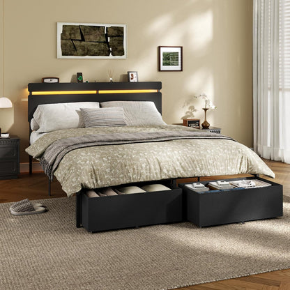 Queen Bed Frame with Wood Headboard, Black Platform Bed with 2 Storage Drawers & Shelf, Built-In Charging Station & LED Lights, Metal Support, No Box Spring Needed, Cama Queen Size