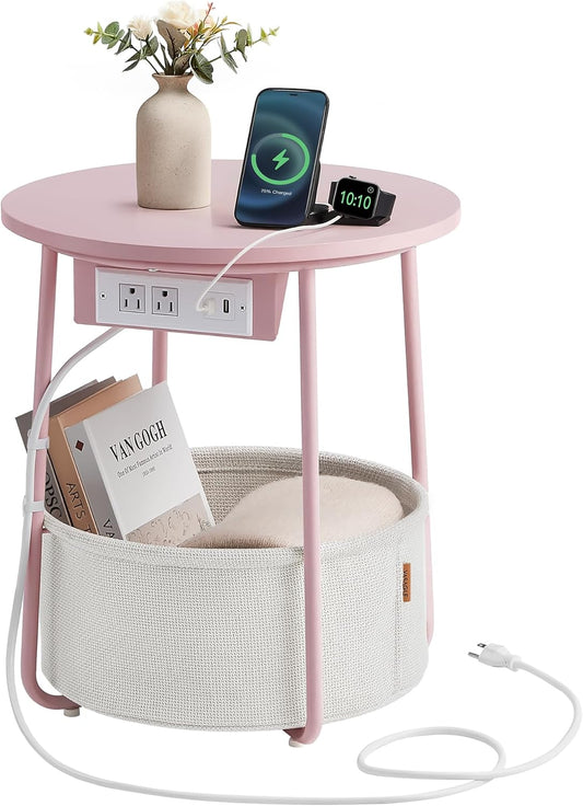 Side Table with Charging Station, round End Table with Fabric Basket, Nightstand with Power Outlets, USB Ports, for Living Room, Bedroom, Modern, Jelly Pink and Cream White ULET228R01