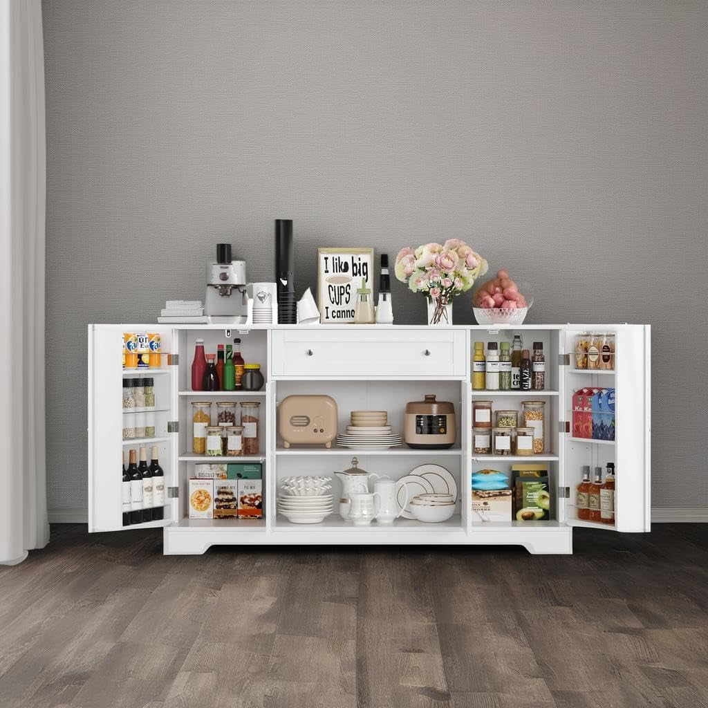 54" Buffet Cabinet with Storage, Modern Kitchen Buffet Sideboard with Drawer, Wood Coffee Bar Station with Adjustable Shelves, Kitchen Storage Cabinet for Living Room, White