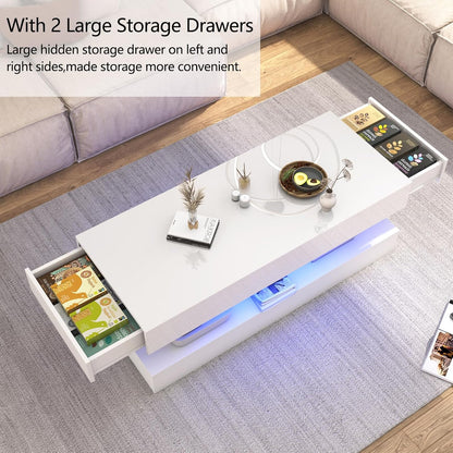 47.3In Large High Glossy LED Coffee Table with 2 Storage Drawers,Black/White Modern Coffee Tables for Living Room,Living Room Tables,App LED Lights (White)
