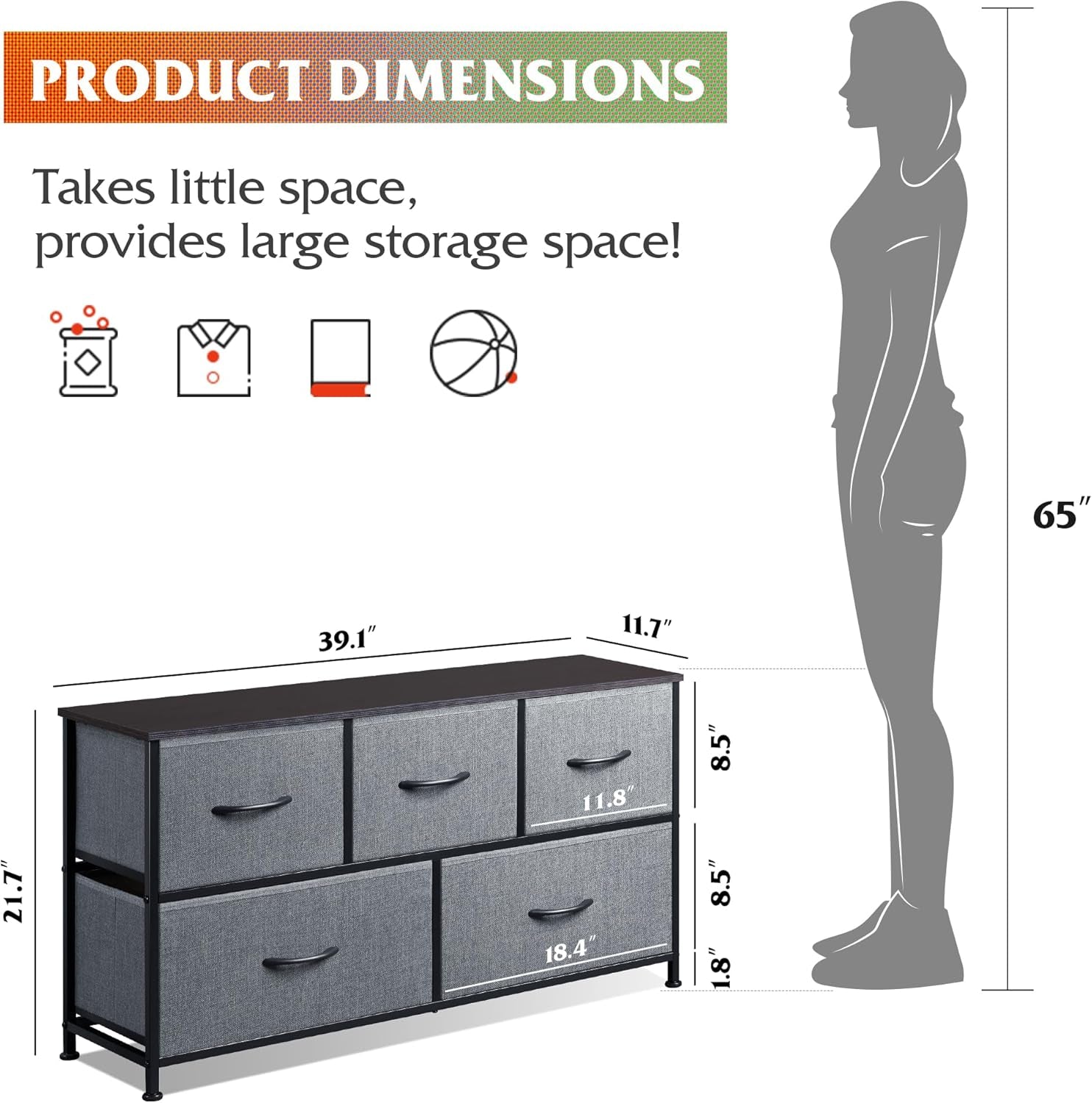 Dresser for Bedroom with 5 Drawers, Wide Chest of Drawers, Fabric Dresser, Storage Organizer Unit with Fabric Bins for Closet, Living Room, Hallway, Dark Grey