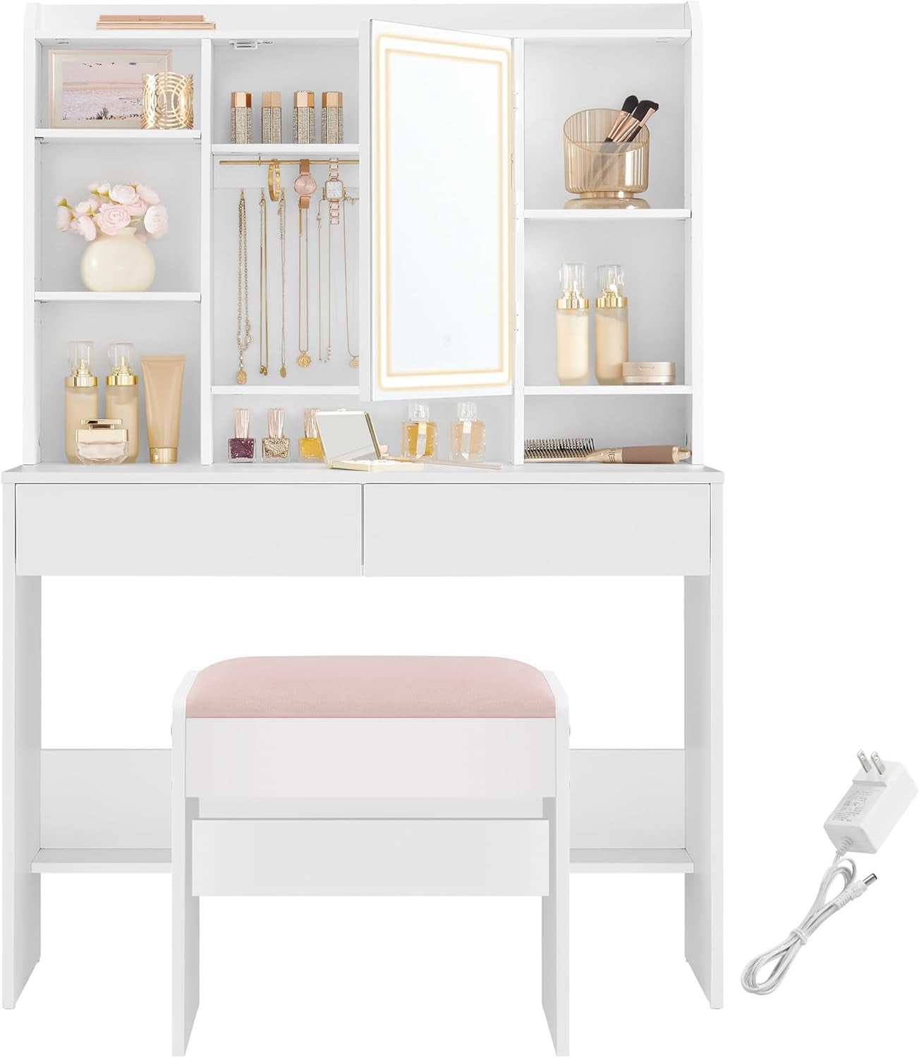 Vanity Desk with Mirror and Lights, Makeup Vanity with Upholstered Vanity Stool, Dimmable LED Lights, Adjustable Shelves, 7 Compartments, 2 Drawers, for Bedroom, Cloud White URDT131W01