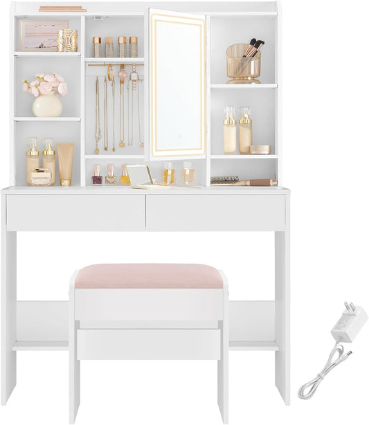 Vanity Desk with Mirror and Lights, Makeup Vanity with Upholstered Vanity Stool, Dimmable LED Lights, Adjustable Shelves, 7 Compartments, 2 Drawers, for Bedroom, Cloud White URDT131W01