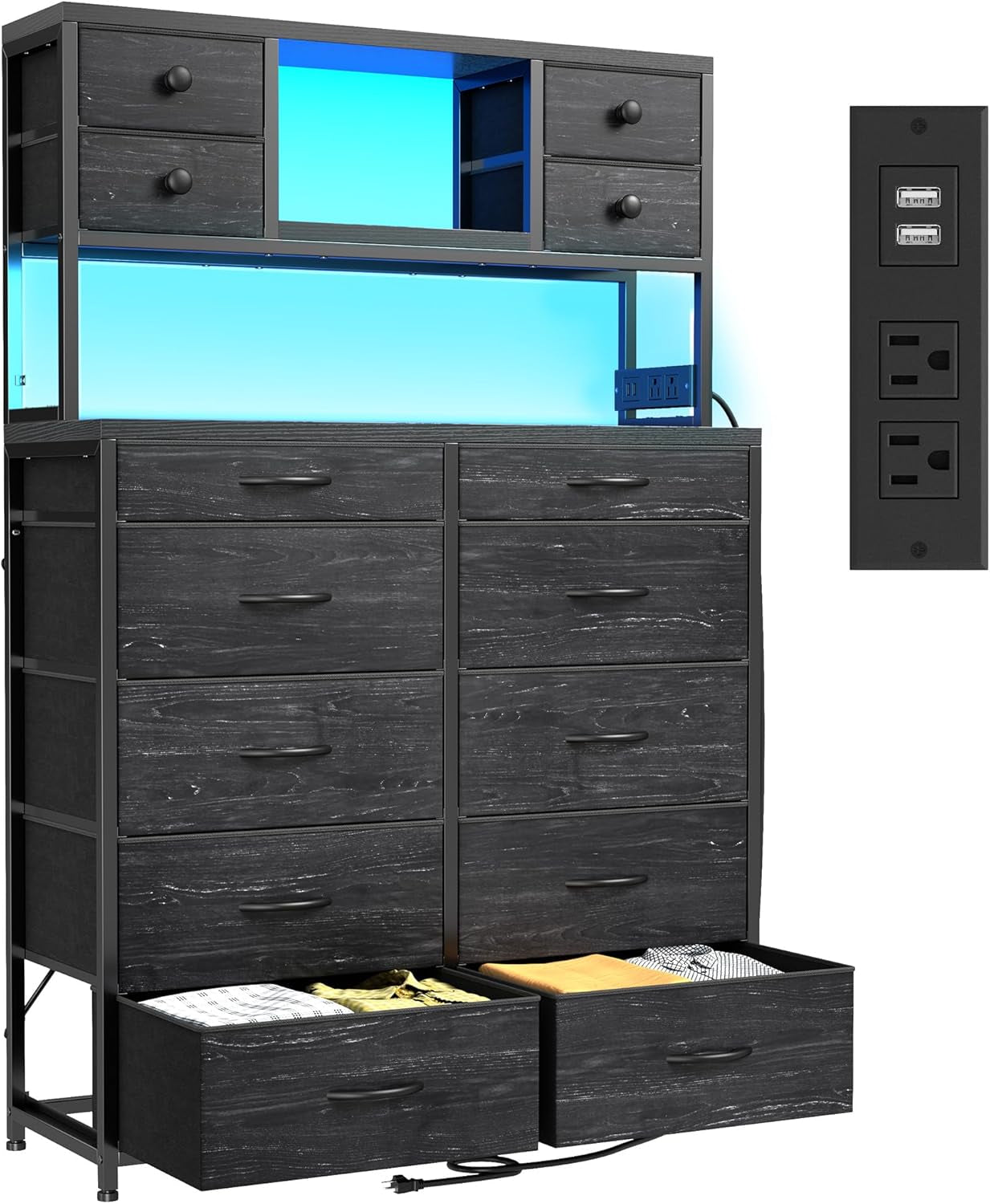 Black Dresser with 14 Fabric Drawers, Dresser for Bedroom with Charging Station and LED Lights,Dressers & Chests of Drawers for Bedroom, Steel Frame & Wooden Top, Entryway