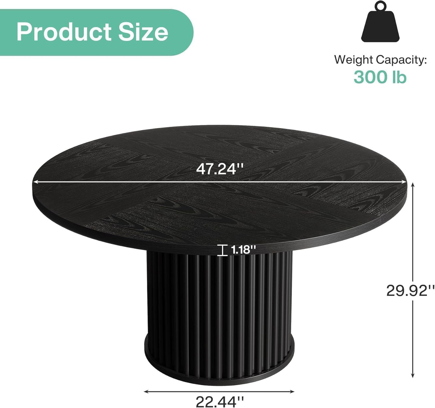 Black round Dining Table for 4-6 People, 47.24-Inch Circle Kitchen Table with Sturdy Fluted MDF + Metal Base, Modern Home Dining Room Furniture, Black