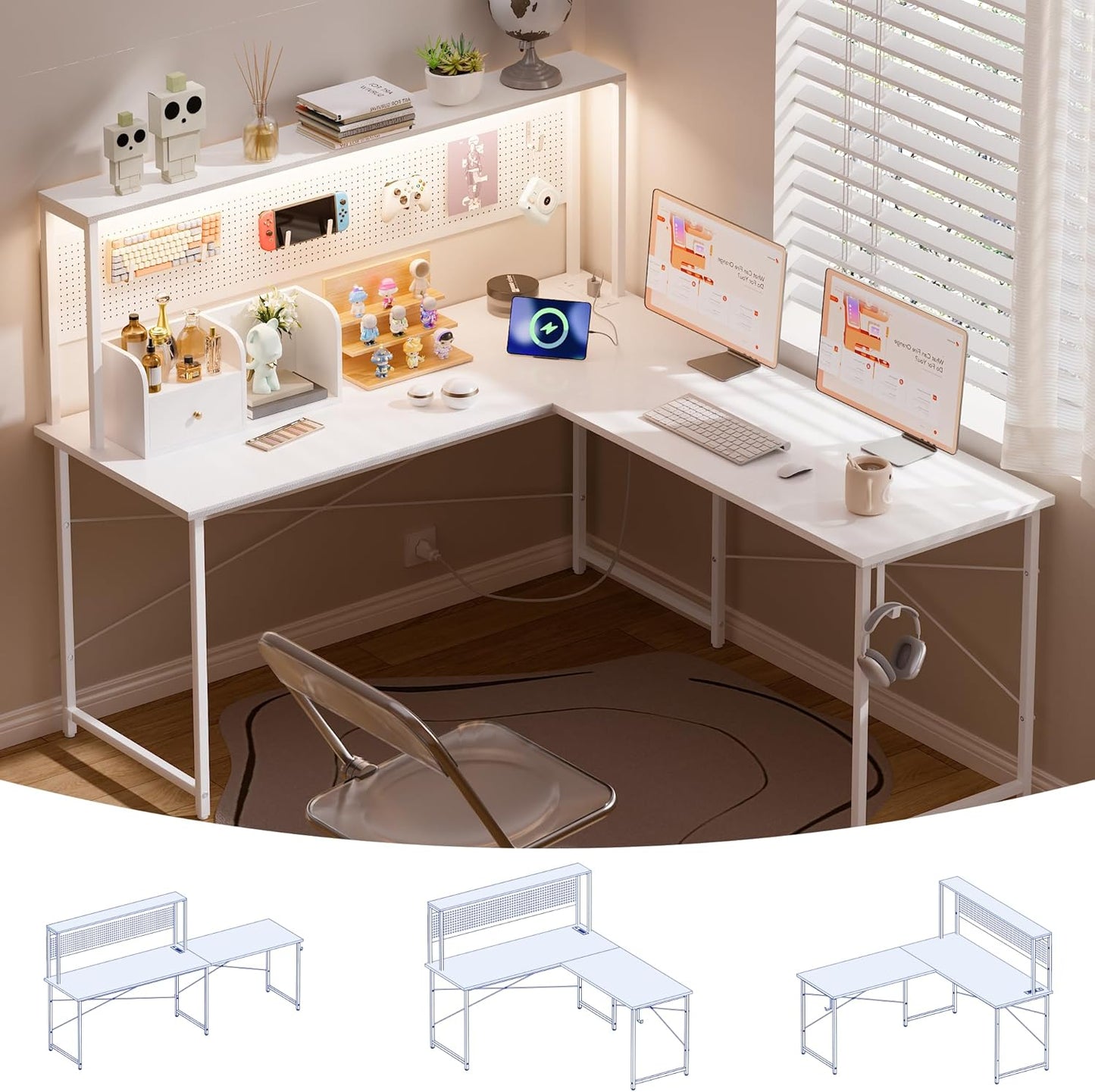 60 Inch L Shaped Gaming Desk with LED Lights and Power Outlets Reversible Corner Computer Desk with Pegboard Storage Shelves Home Office Table for Work Study White