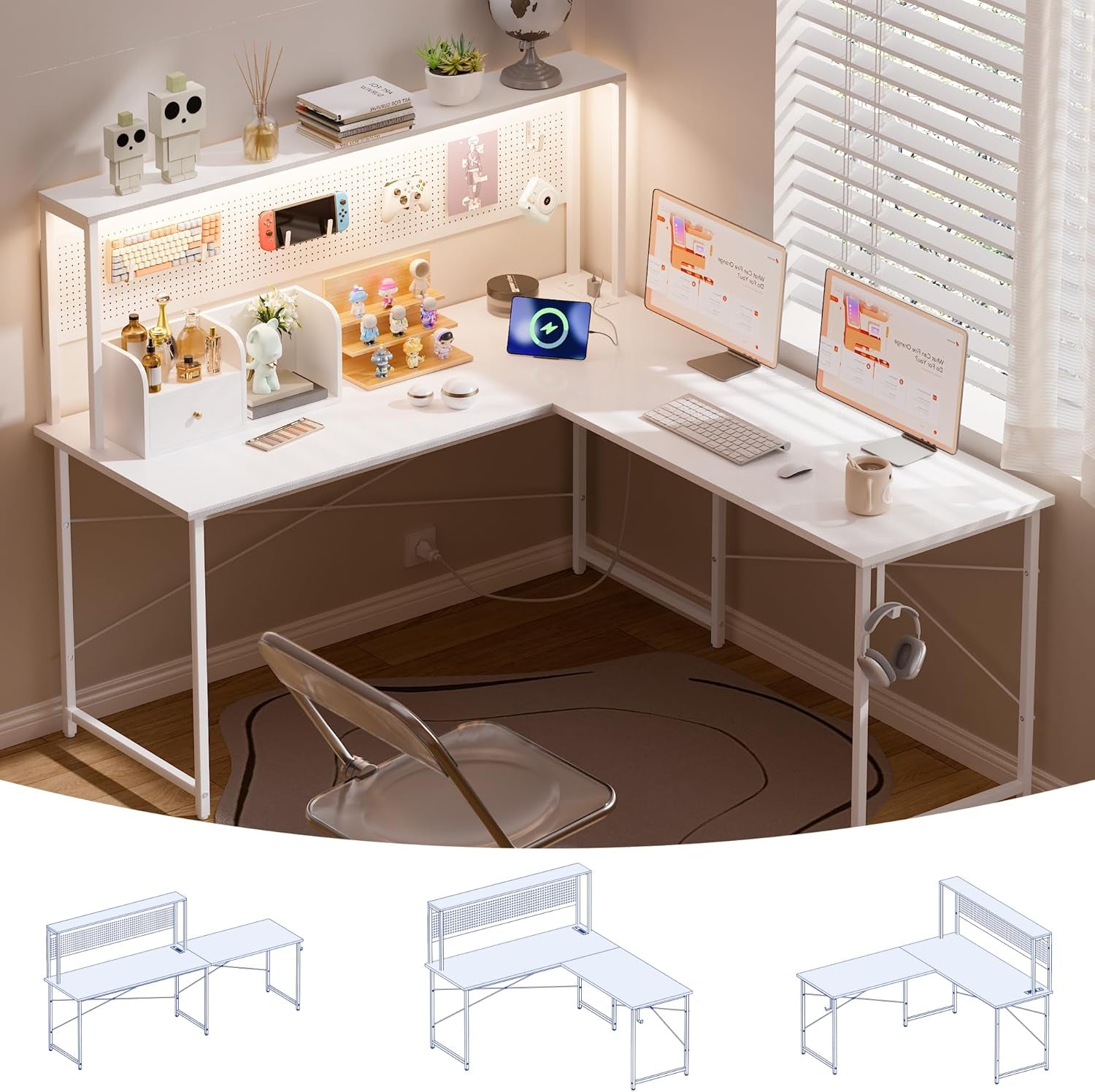 60 Inch L Shaped Gaming Desk with LED Lights and Power Outlets Reversible Corner Computer Desk with Pegboard Storage Shelves Home Office Table for Work Study White