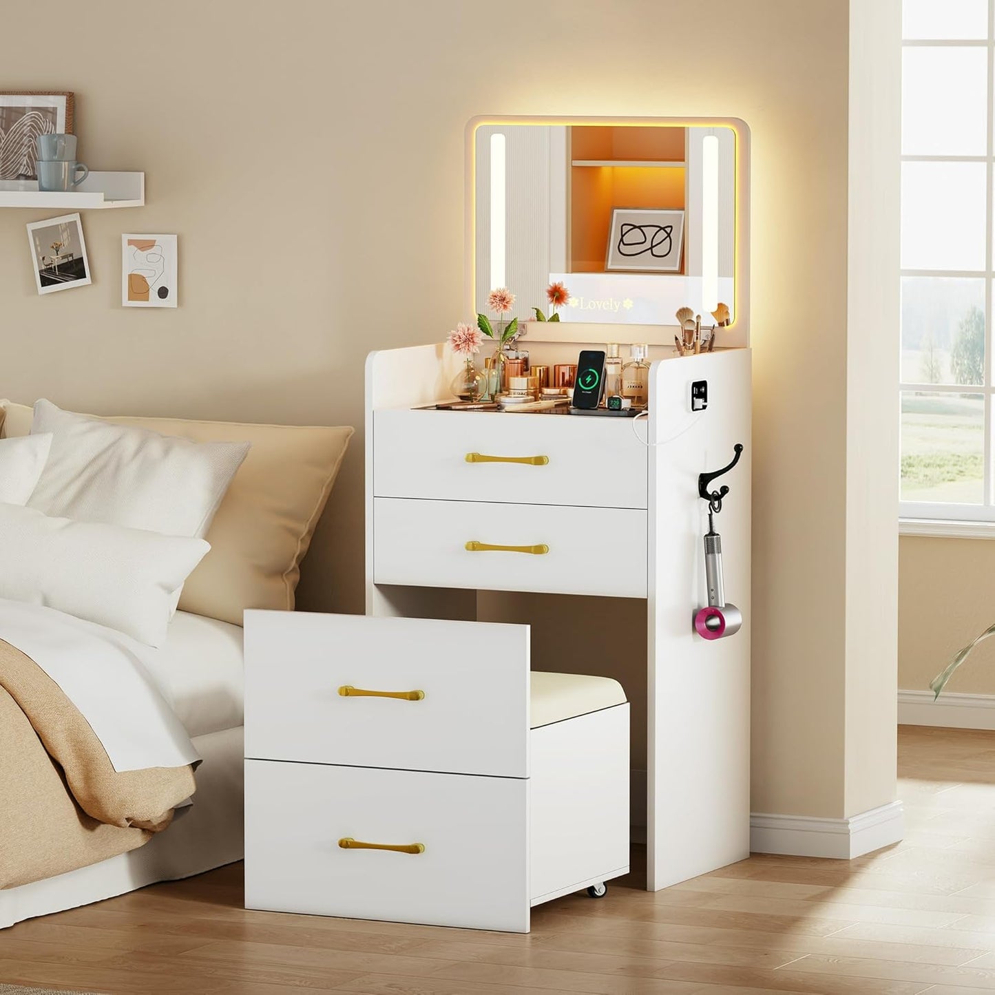 3 in 1 Vanity Desk with Flip Top Mirror and Lights,Glass Top Compact Vanity with 3 Drawers &Rolling Stool, Modern Small Makeup Vanity Table with Charging Station,Bedroom,White