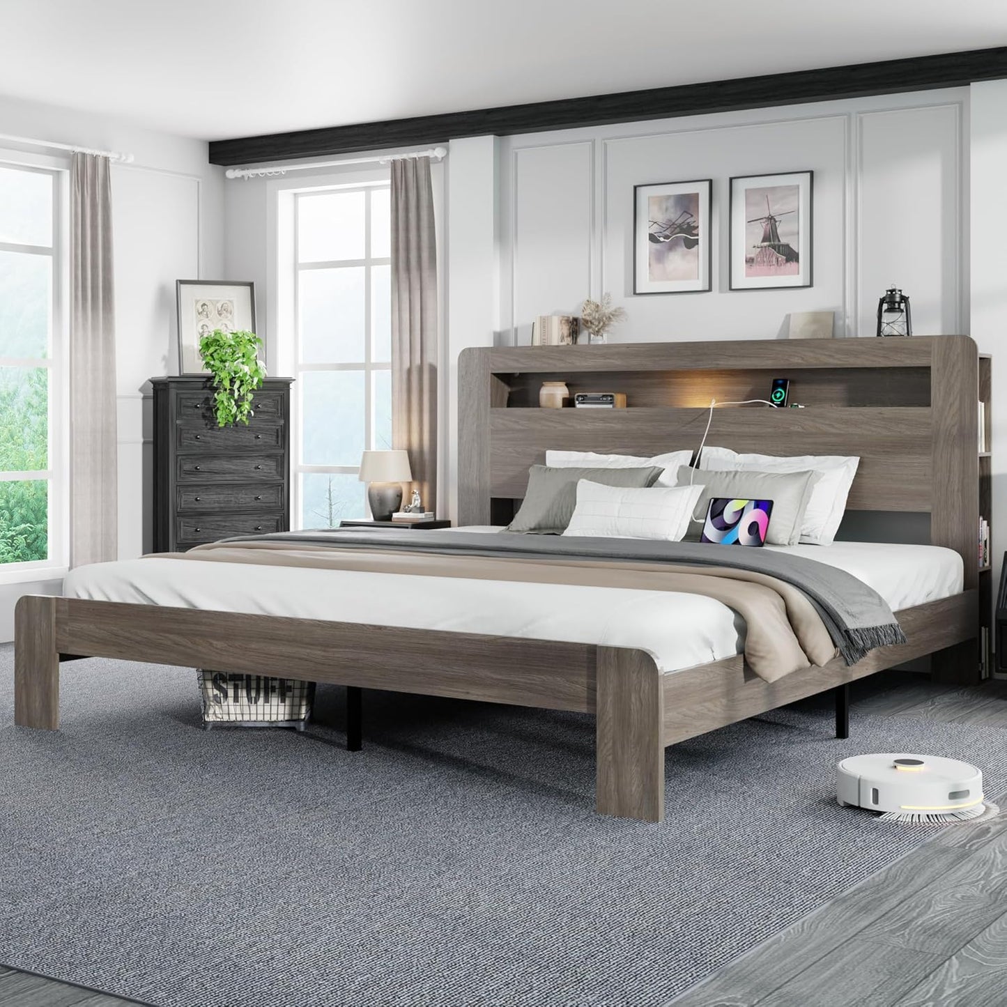 King Size Wooden Bed Frame with Bookcace Storage Headboard, Rustic Farmhouse Bedframe with LED Lights and Charging Station, Sturdy and Stable, Slat Support, No Box Spring Required (Light Brown, King)