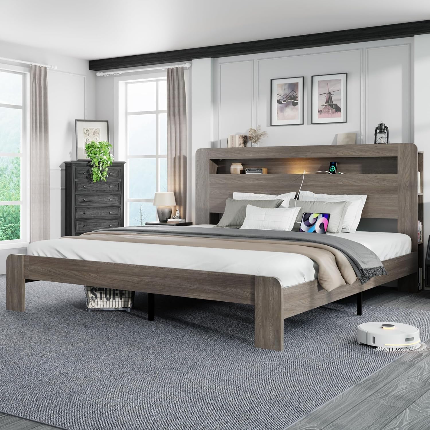 King Size Wooden Bed Frame with Bookcace Storage Headboard, Rustic Farmhouse Bedframe with LED Lights and Charging Station, Sturdy and Stable, Slat Support, No Box Spring Required (Light Brown, King)