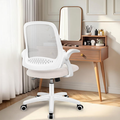 Office Desk Gaming Ergonomic Computer Chair with Lumbar Back Support Adjustable Height Swivel Rolling Wheels Flip-Up Arms Mesh Chair for Home Vanity (Ivory)