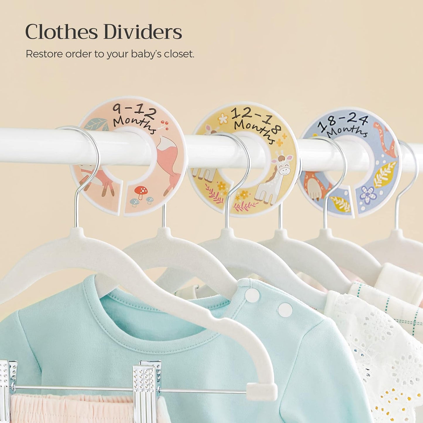 30 Packs Baby Pants Hangers with Clips, Kids Hangers with 6 Clothes Dividers, Non-Slip Children’S Clothes Hanger, White UCRF013W30