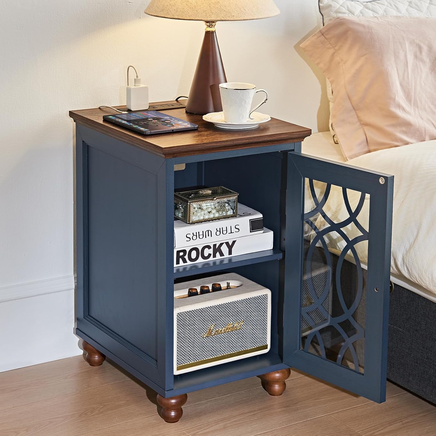 Narrow Side Table with Charging Station, Night Stand with Glass Door, Bedside End Tables with Adjustable Shelf Storage Cabinet,Wood Nightstand for Small Spaces Living Room Bedroom