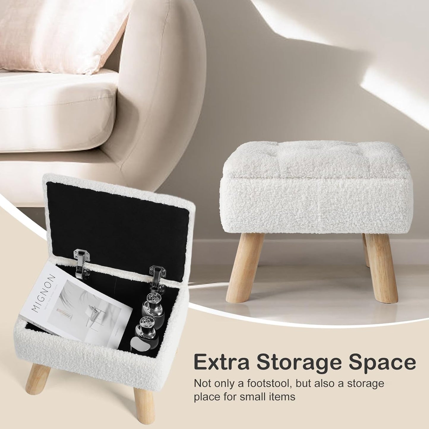 Storage Ottoman, Small Foot Stool Ottoman with Storage, Boucle Teddy Velvet Foot Rest with Padded Seat, Sturdy Wood Legs Stool for Living Room, Bedroom, Couch, Enterway (Cream)