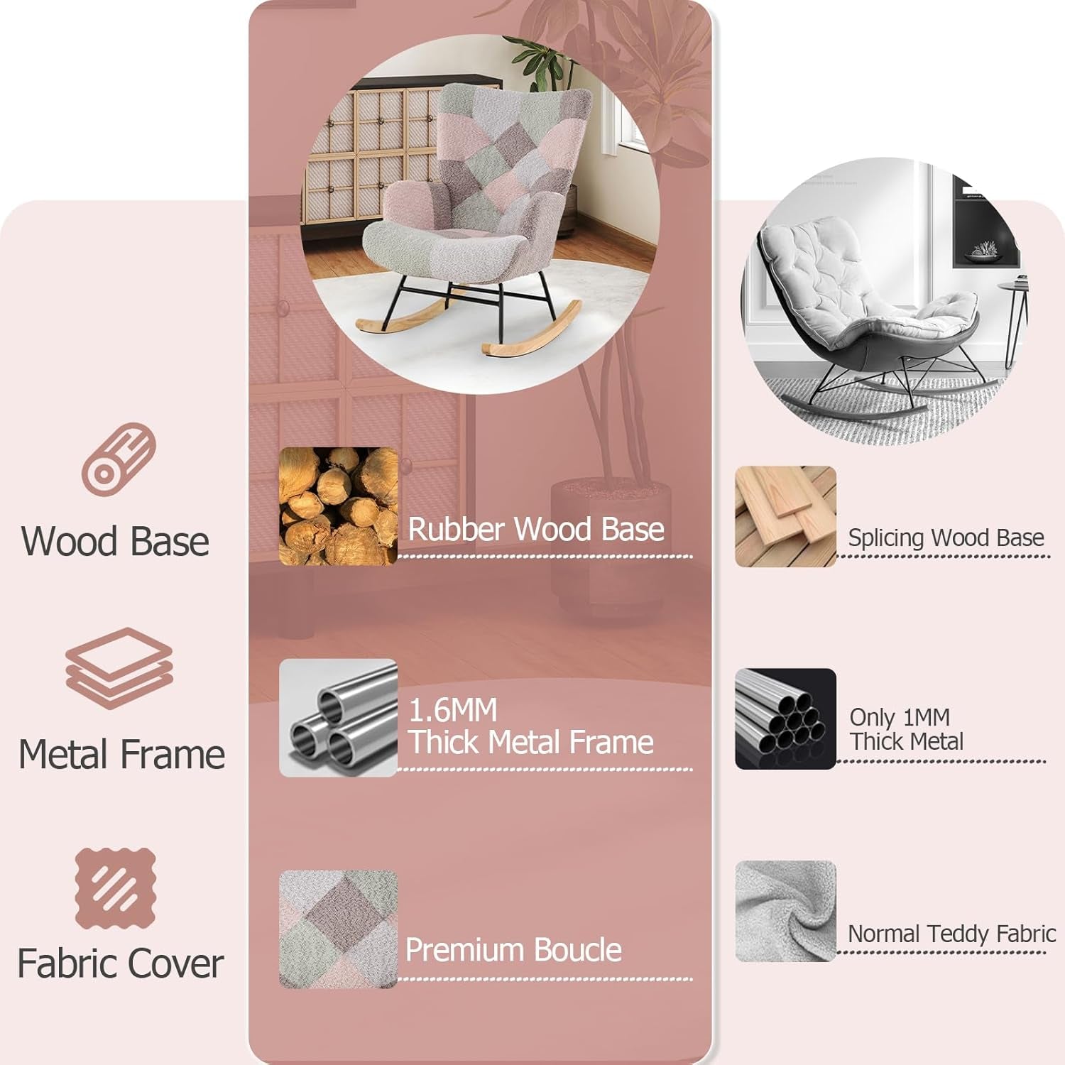 Rocking Chair Nursery, Boucle Upholstered Glider Rocker W/Ergonomic High Backrest, Rubber Wood Legs & Side Pocket, Patchwork Modern Accent Chair for Bedroom, Living Room, Offices