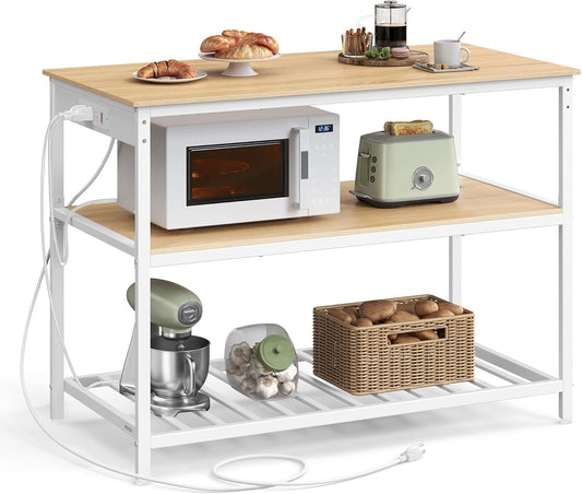 Kitchen Island with 3 Shelves, 47.2 Inches Width Kitchen Shelf with Power Strip, Large Worktop, Stable Steel Structure, Industrial, Easy to Assemble, Golden Oak and White UKKI101Y01