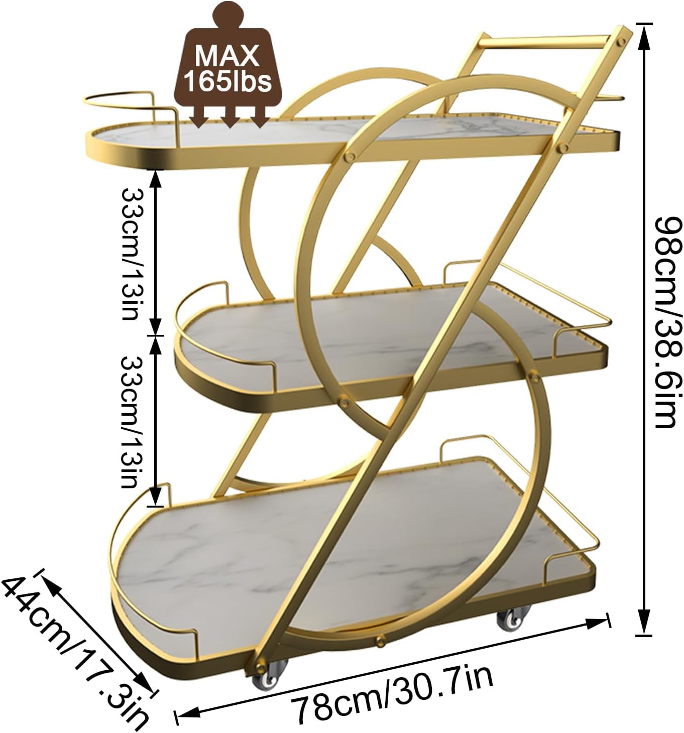 Serving Cart with Light, 3 Tiers Home Bar Serving Wine Trolly with Casters, Movable Beverage Cart with Handle for Kitchen Diningroom Bars Hotel Parties(Gold, 30.7X17.3X38.6 In)