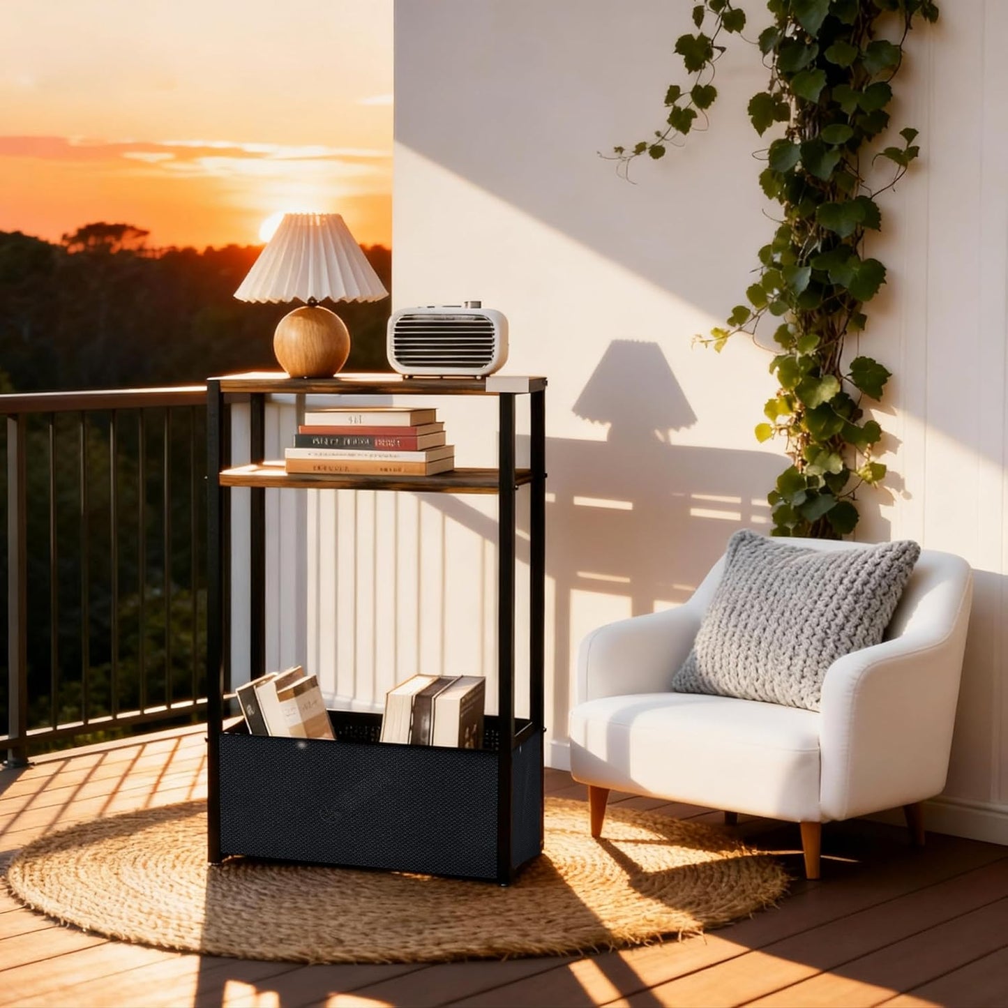 Narrow Side Table 15.7" - Slim Bedside Table with Storage Shelf & Basket, Space-Saving End Table for Studio/Dorm/Apartment, Modern Design Easy Assembly