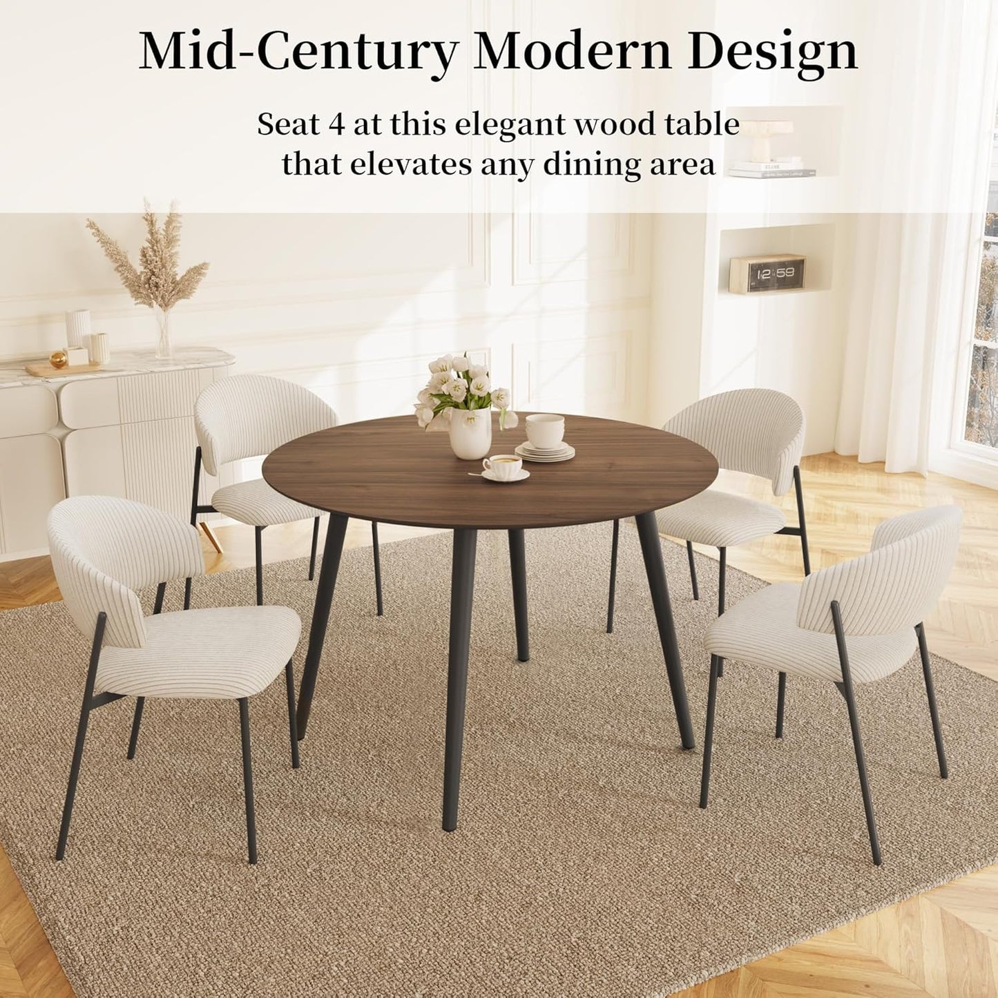 43.3 Inch round Dining Table Set for 4, Modern Small Kitchen Coffee Set for Dining Room Kitchen Apartment (Walnut Table + 4 White Shell Chairs)