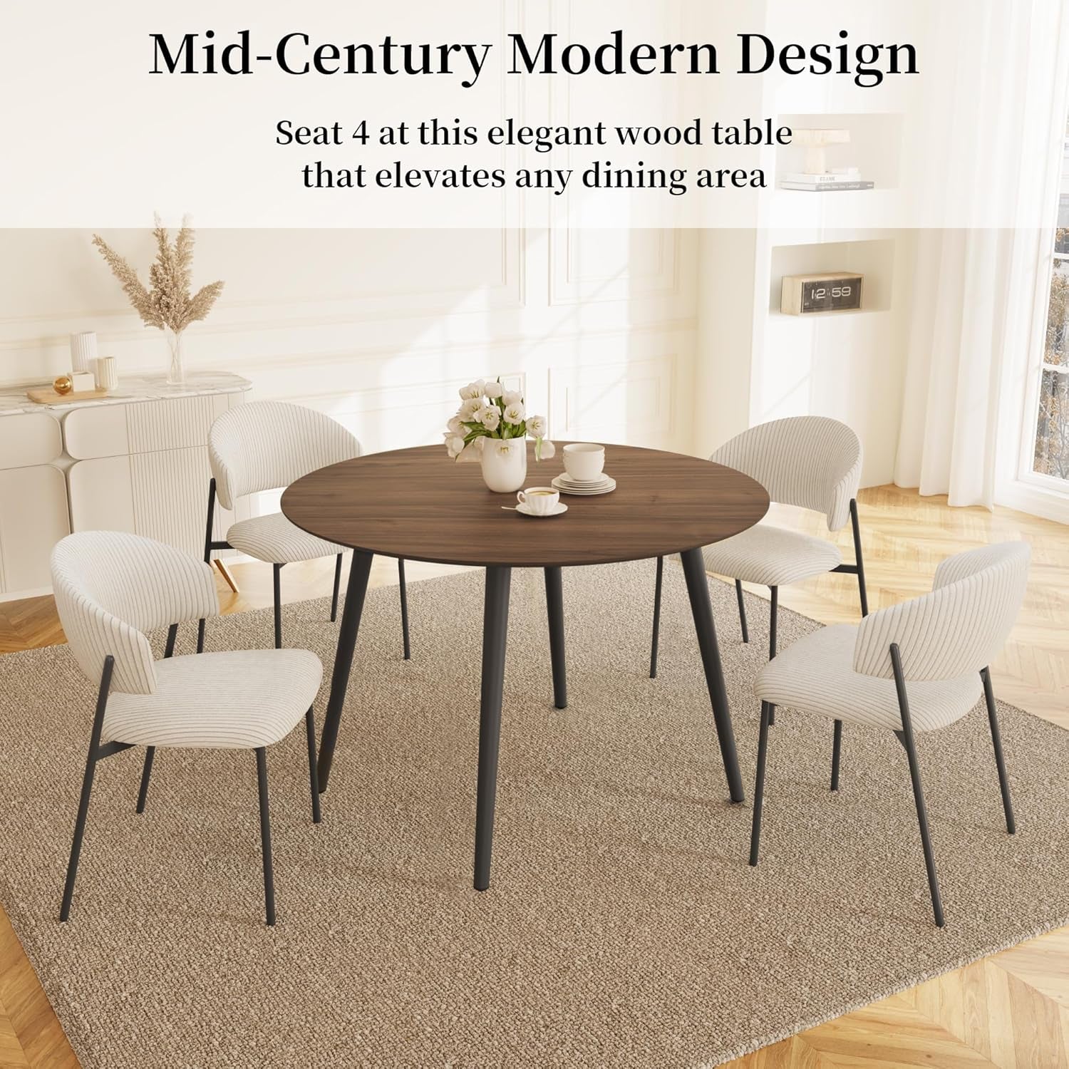 43.3 Inch round Dining Table Set for 4, Modern Small Kitchen Coffee Set for Dining Room Kitchen Apartment (Walnut Table + 4 White Shell Chairs)