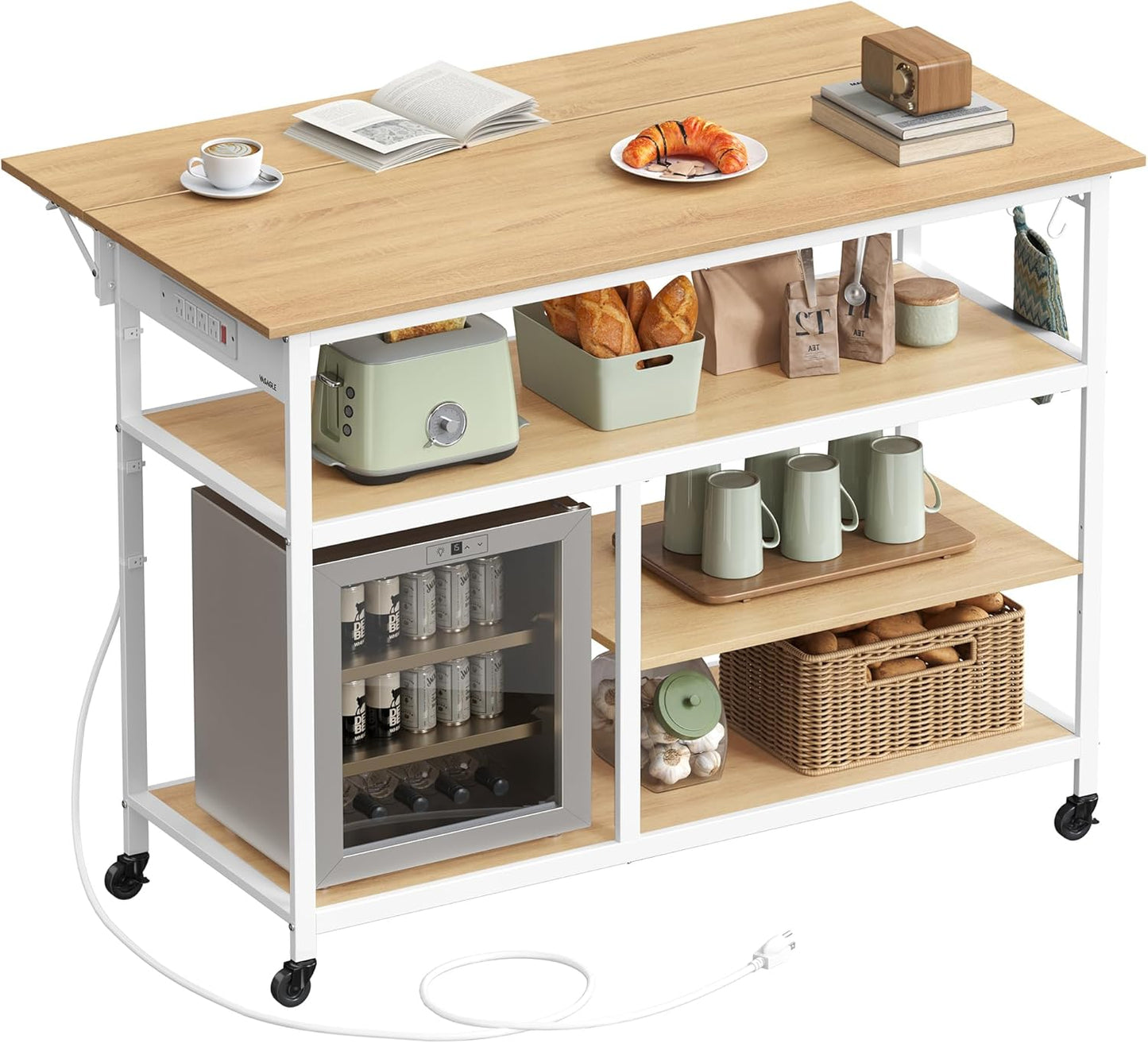 Kitchen Island with Drop Leaf, 47.2" Width Rolling Kitchen Cart with Power Strip, Extendable Worktop, Workbench,Pegboard, Adjustable Shelf, Golden Oak and Cloud White UKKI013Y01