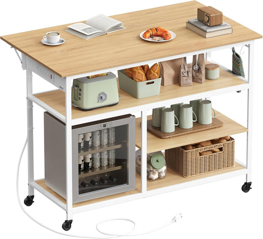 Kitchen Island with Drop Leaf, 47.2" Width Rolling Kitchen Cart with Power Strip, Extendable Worktop, Workbench,Pegboard, Adjustable Shelf, Golden Oak and Cloud White UKKI013Y01