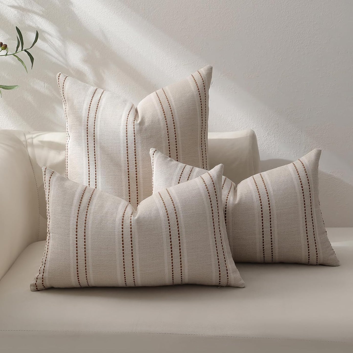 Rust Throw Pillow Covers 20X20 Set of 2 Striped Fall Pillow Covers Textured Linen Decorative Pillows Square Cushion Covers for Sofa Couch Bed Living Room Farmhouse Decor