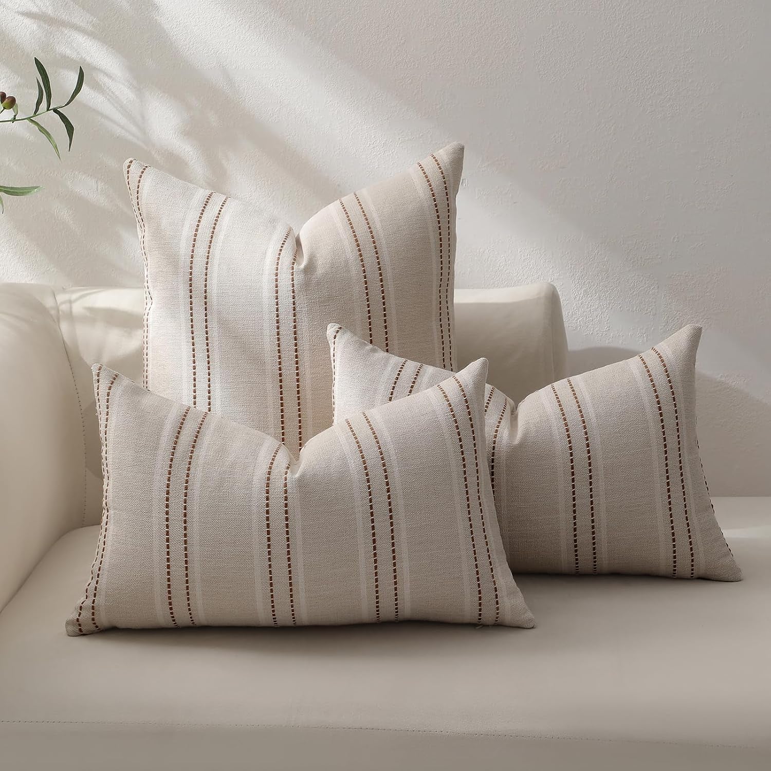 Rust Throw Pillow Covers 20X20 Set of 2 Striped Fall Pillow Covers Textured Linen Decorative Pillows Square Cushion Covers for Sofa Couch Bed Living Room Farmhouse Decor