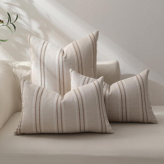 Rust Throw Pillow Covers 20X20 Set of 2 Striped Fall Pillow Covers Textured Linen Decorative Pillows Square Cushion Covers for Sofa Couch Bed Living Room Farmhouse Decor