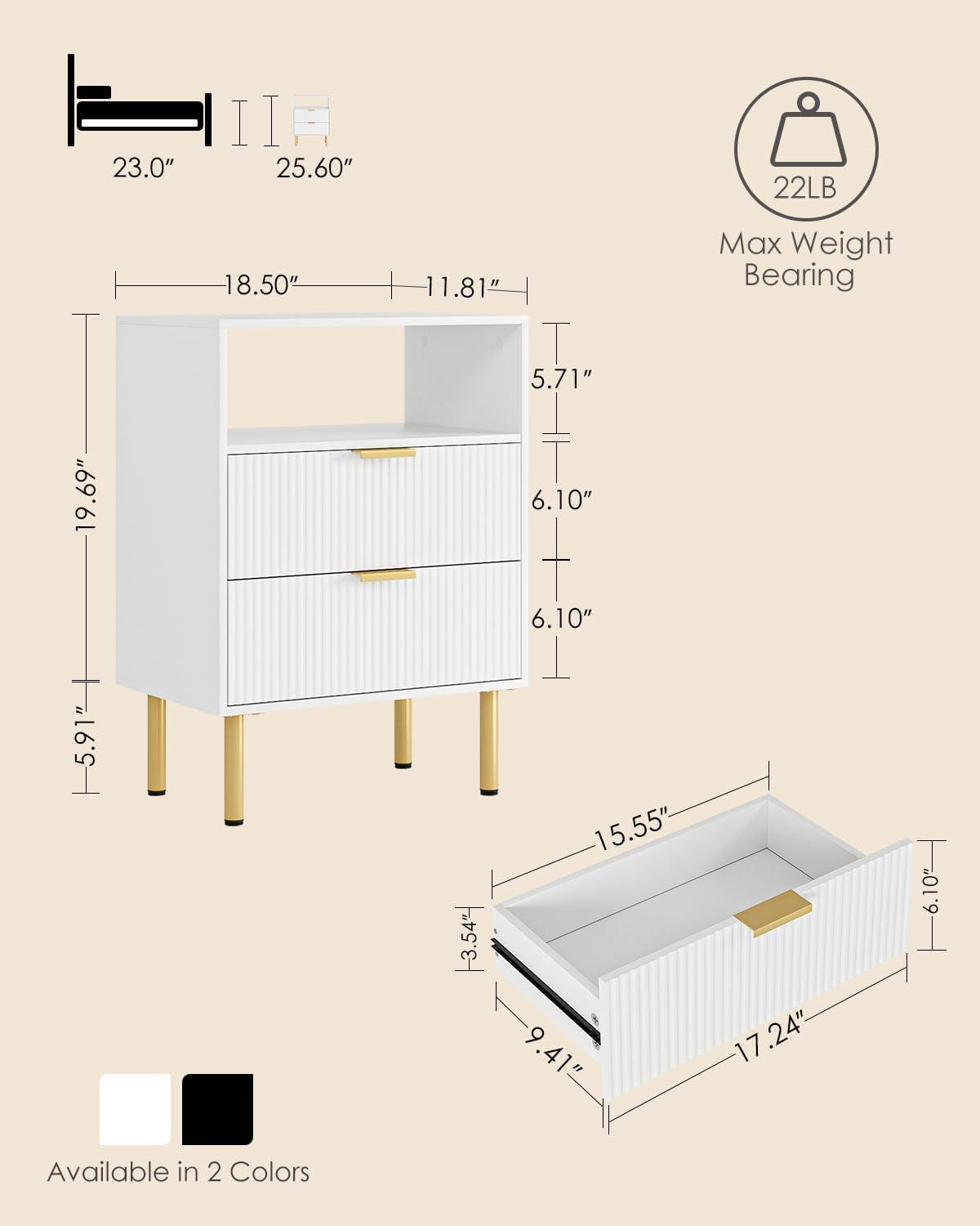 Night Stand,Tall Bedside Table with 3Storage Drawers,White Nightstand,Bedside Furniture,Side Table with Gold Frame,End Table for Bedroom,Living Room (Modern-2Drawers 1Shelf, White)