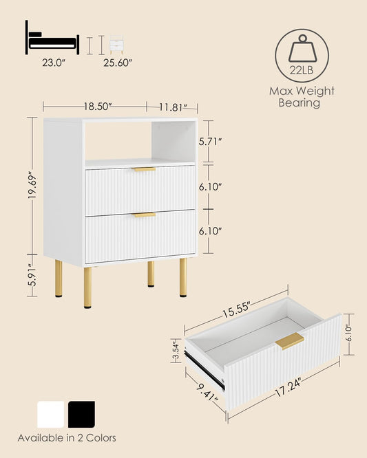 Night Stand,Tall Bedside Table with 3Storage Drawers,White Nightstand,Bedside Furniture,Side Table with Gold Frame,End Table for Bedroom,Living Room (Modern-2Drawers 1Shelf, White)