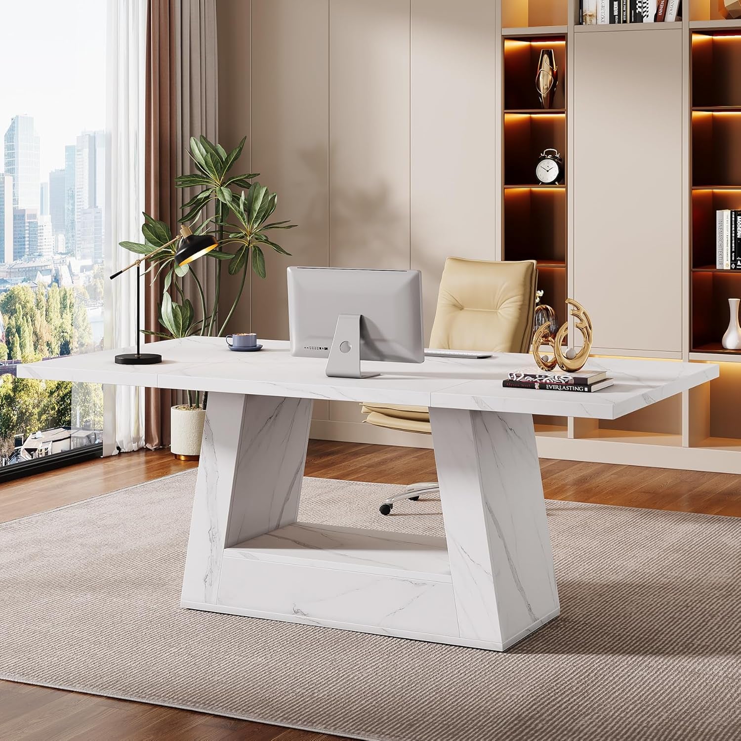 Modern Computer Desk, 63-Inch Large Office Desk Workstation, Simple Style Executive Desk Study Table with Sturdy Base, Wooden Faux Marble Writing Desk for Home Office, White