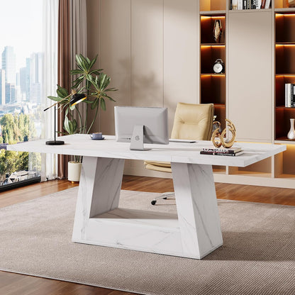 Modern Computer Desk, 63-Inch Large Office Desk Workstation, Simple Style Executive Desk Study Table with Sturdy Base, Wooden Faux Marble Writing Desk for Home Office, White