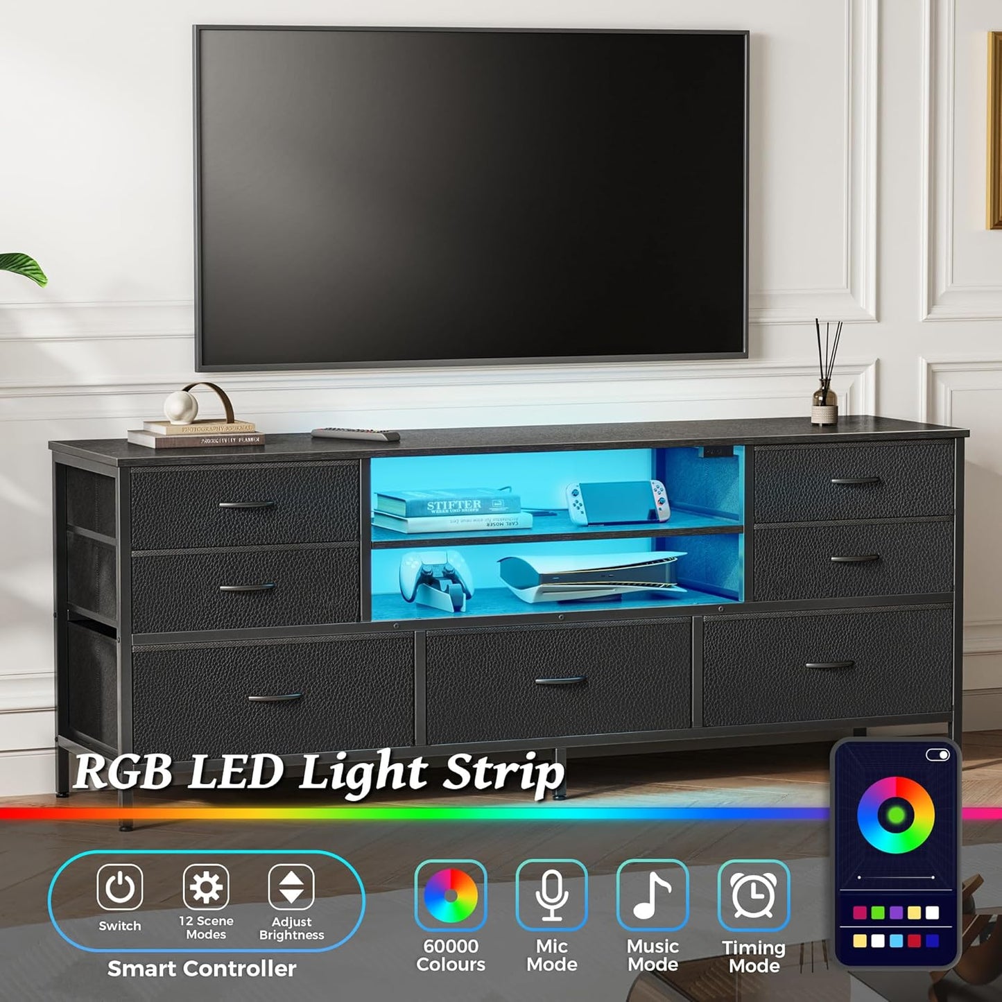 Dresser for Bedroom with Power Outlets and LED Lights, 7 Drawers TV Stand for 60 Inch TV, Console with Open Shelf, 55 Inches Wide Black, PU Leather