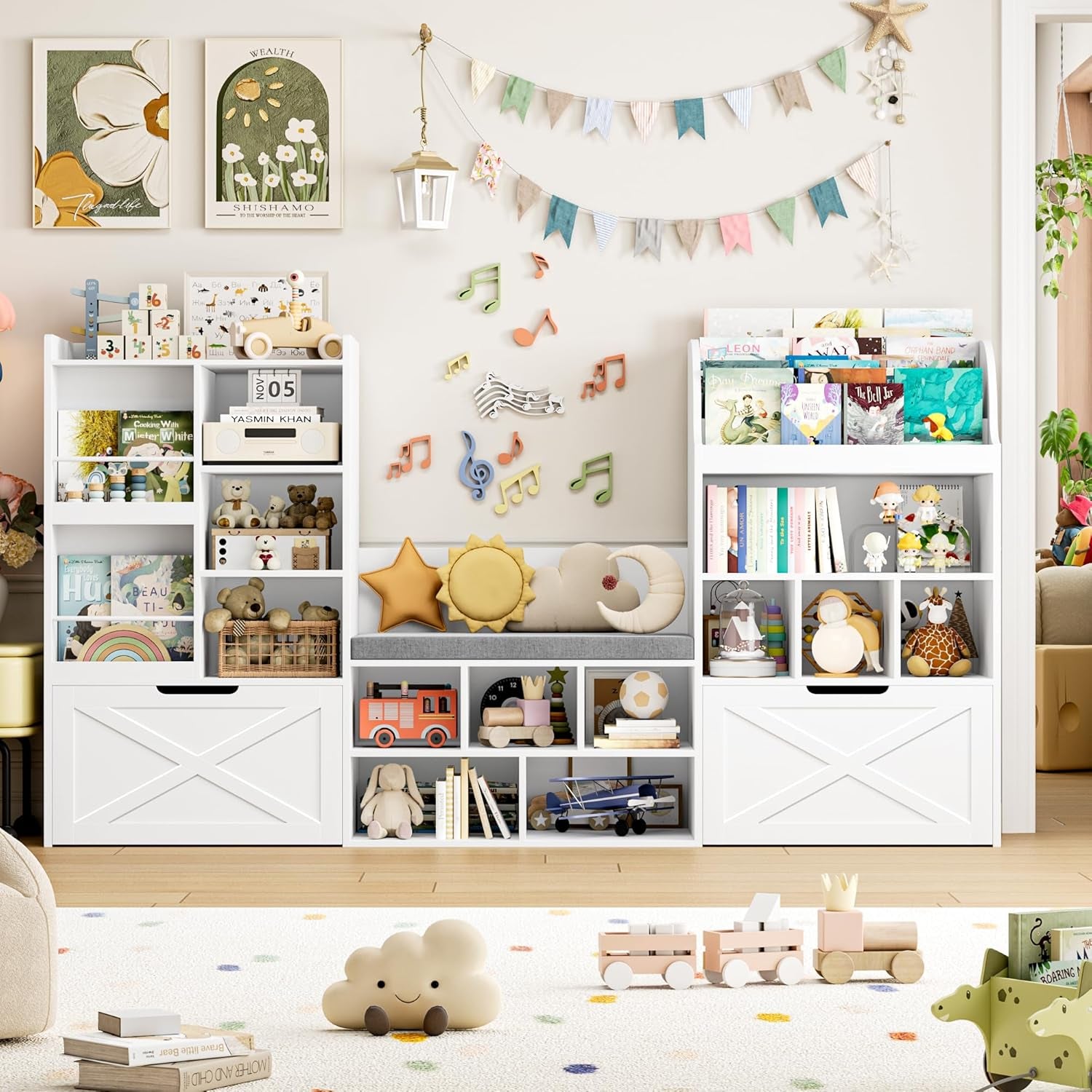 75” W Kids Bookshelf with Reading Nook, Large Toy Storage Toy Organizer with Seat Cushion and 2 Movable Drawers, Kids Reading Nook Kid Bench for Playroom Living Room, White