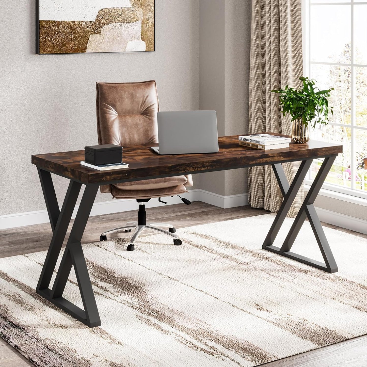 Writing Computer Desk, 55 Inch Heavy Duty Study Desk with Z-Shaped Metal Leg, Modern Simple Home Office Computer Desk, Rustic Brown