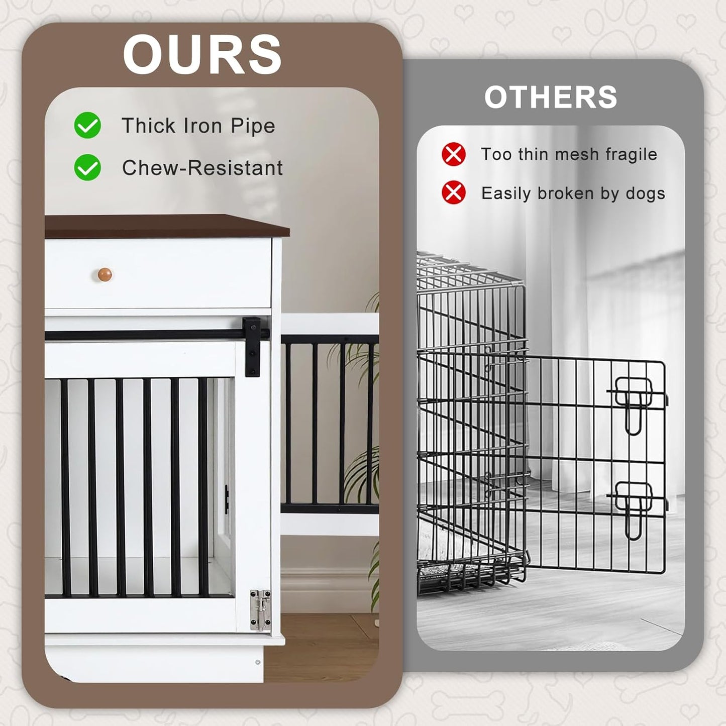 Dog Crate Furniture for 2 Dogs, Dog Kennel with 2 Storage Drawers & Divider, Large Double Dog Cage as TV Stand, Furniture Style Dog Crates with Sliding Barn Door (Blue & White)