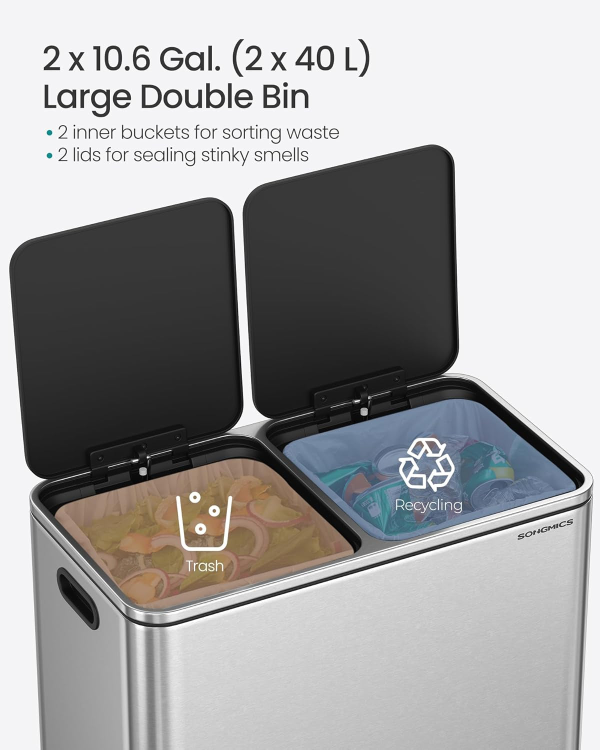 Trash Can, 2 X 10.6 Gallon (2 X 40 L) Garbage Can for Kitchen, with 15 Trash Bags, 2 Compartments, Plastic Inner Buckets and Hinged Lids, Airtight, Silver and Black ULTB730E80