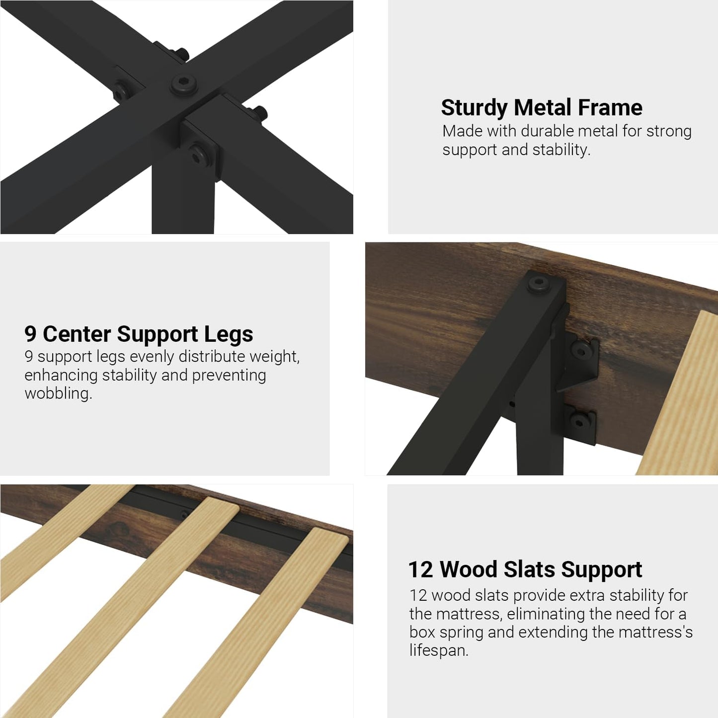 Wooden Queen Size Bed Frame with Storage Headboard, Rustic Farmhouse Platform Bed Frame Queen with Charging Station & LED Lights, 12 Wood Slats Support, No Box Spring Needed,Dark Brown