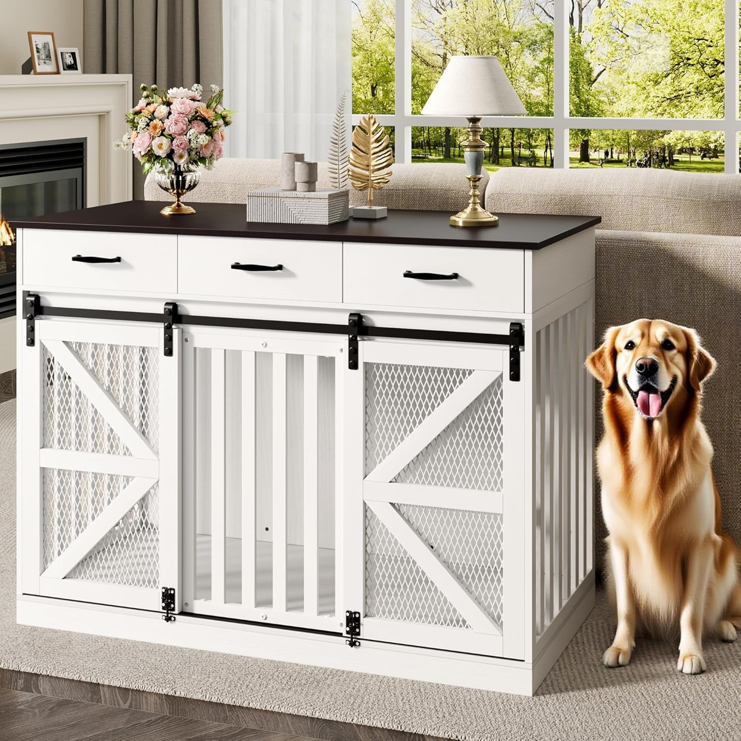 48'' Dog Crate Furniture with Divider&Storage Drawers, Wooden Double Dog Kennel Furniture End Table with Sliding Barn Doors, White Double Dog Crate TV Stand