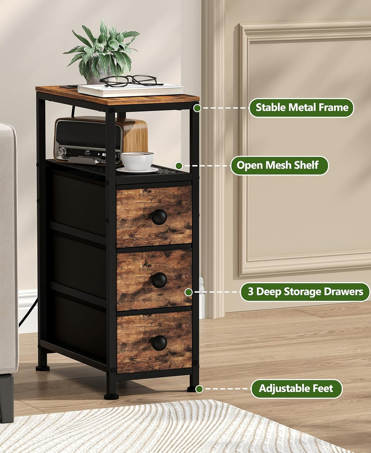 Narrow End Table with Charging Station, 7.9" Wide Couch Side Table with LED Light, Skinny Nightstand with 3 Fabric Storage Drawers, Slim Bedside Table for Bedroom, Small Spaces, Rustic Brown