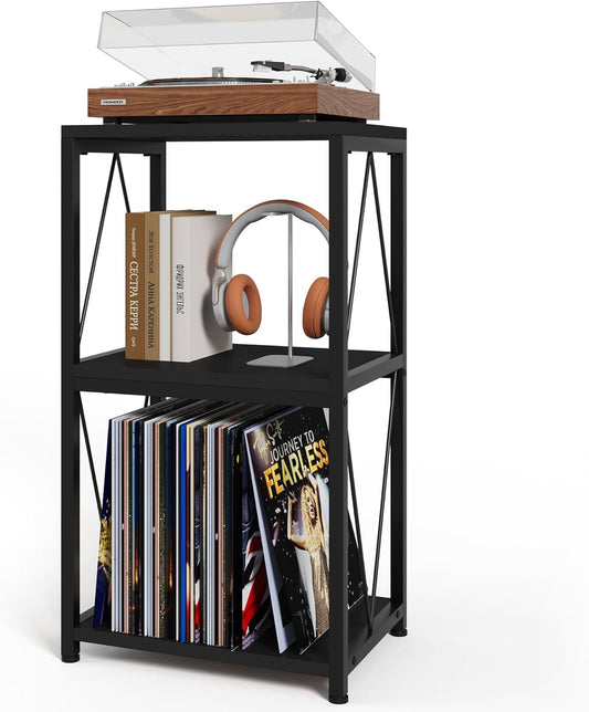 3-Tier Record Player Stand with Vinyl Record Storage, Turntable Stand Record Shelf Display Table for Album, Turntable Holder, End Table for Bedroom, Living Room, Black
