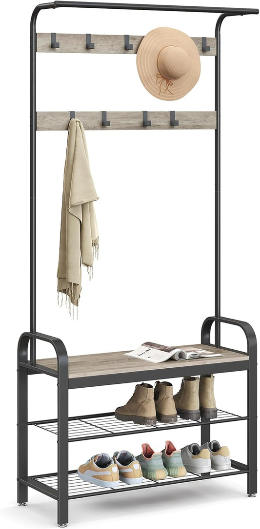 Coat Rack, Hall Tree with Shoe Bench for Entryway, Entryway Bench with Coat Rack, 4-In-1, with 9 Removable Hooks, a Hanging Rod, 13.3 X 33.1 X 72.1 Inches, Greige and Black UHSR400B02