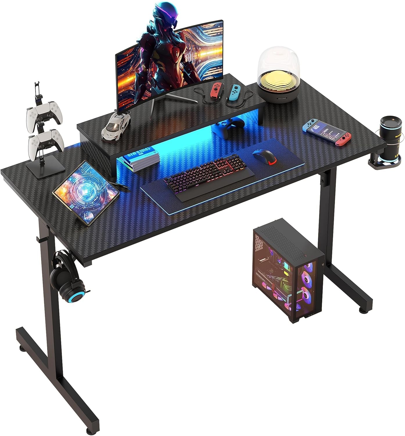 42 Inch Gaming Desk with LED Lights, Small Computer Gaming Table with Monitor Shelf, Gamer Desk with Headphone Hook, Kids Boys Computer Table with Black Carbon Fiber Texture