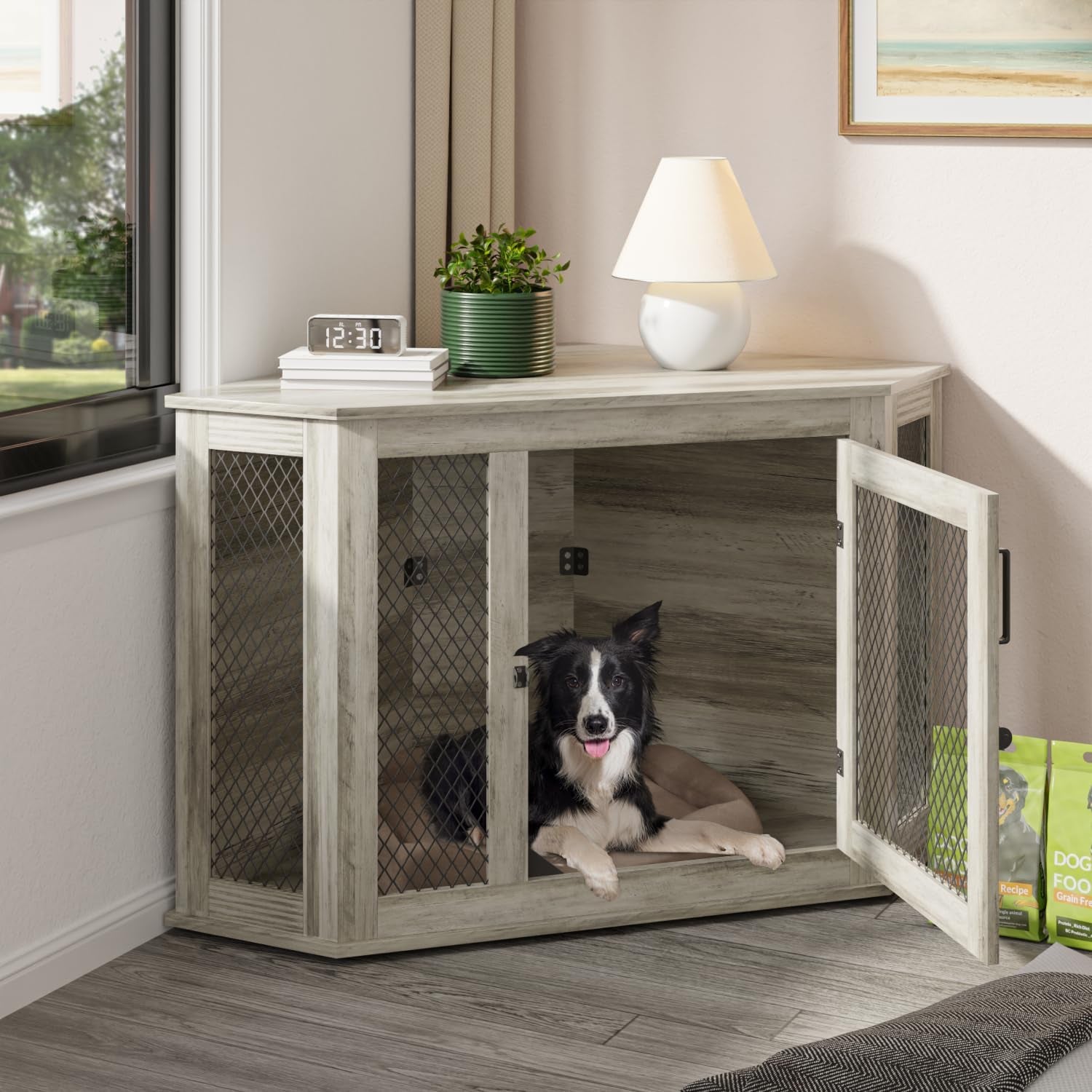 52Inch Corner Dog Crate Furniture,Wooden Dog Kennel Furniture with Mesh,Decorative Wood Dog House for Indoor Use,For Small/Medium/Large Dog,Perfect for Limited Room