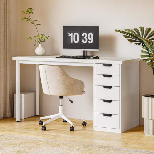 Computer Desk with 5 Drawers, 47 Inch White Modern Simple Study Writing Desk with Metal Frame, Work Desk for Home Office