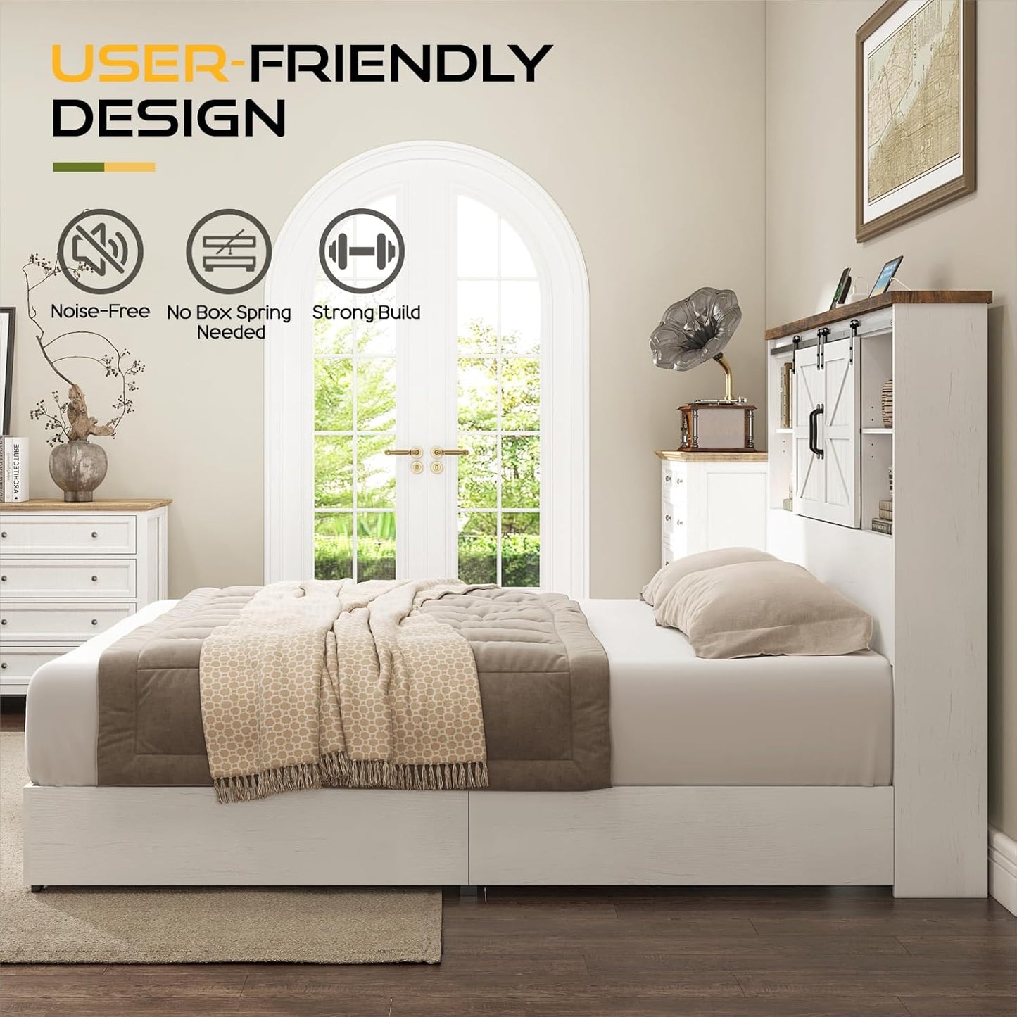 Queen Size Bed Frame with 51.2" Bookcase Headboard, Wood Platform Bed with Sliding Barn Door & Charging Station, Storage Bed with 2 Drawers, Farmhouse/No Box Spring Needed/White