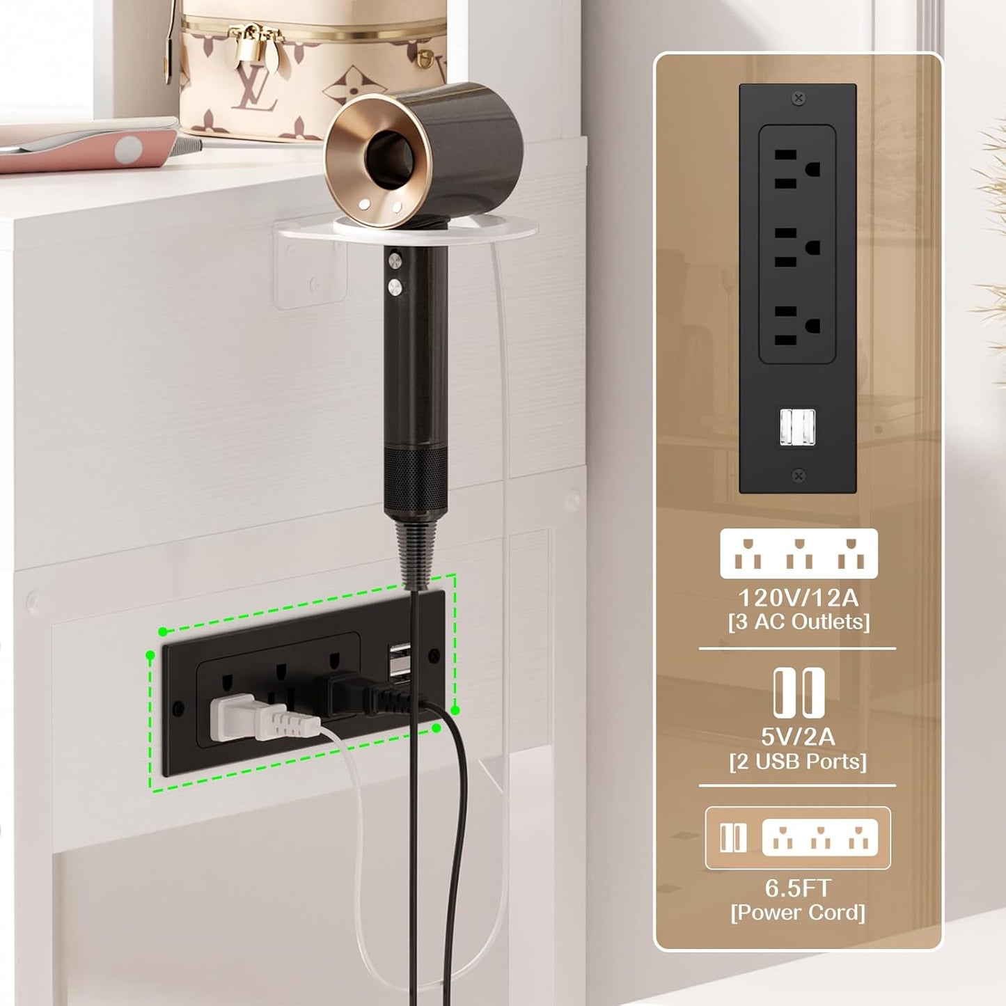 Small Vanity Desk, Vanity Desk with Mirror and Lights, Makeup Vanity Desks with Power Strip, Vanity Table with Drawers and Shelves, Adjustable Lighting, Dressing Table for Bedroom Dressing Room, White